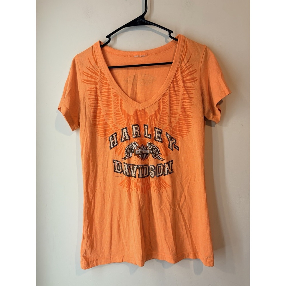 Harley Davidson V Neck Graphic Tee‎ Short Sleeve Orange Myrtle Beach Womans Lrg